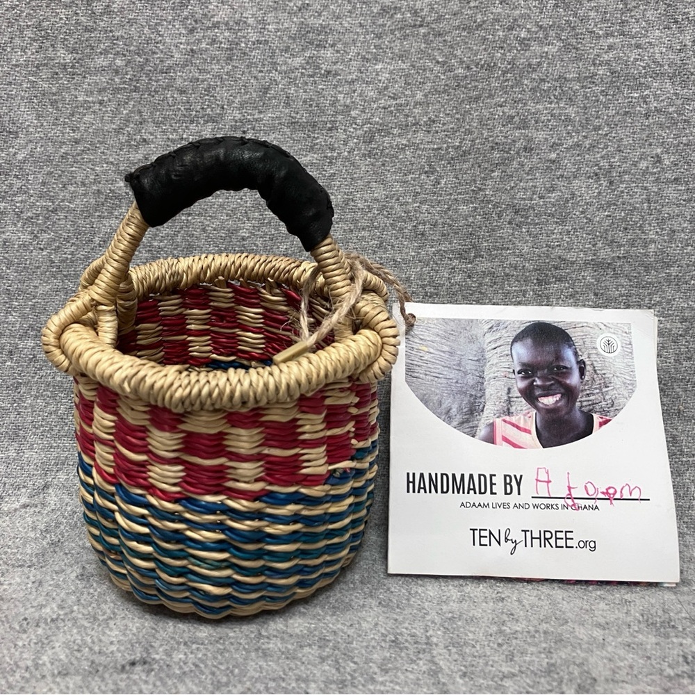 Ghana Bolga Basket Mini Tiny Gratitude Small Multicolor Handmade Leather Handle